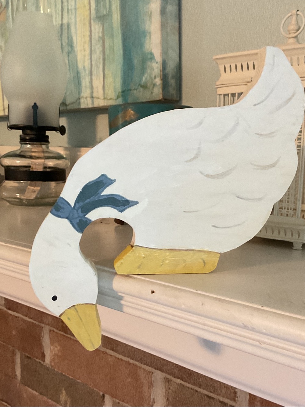 White Decorative Wooden Goose with Blue Scarf